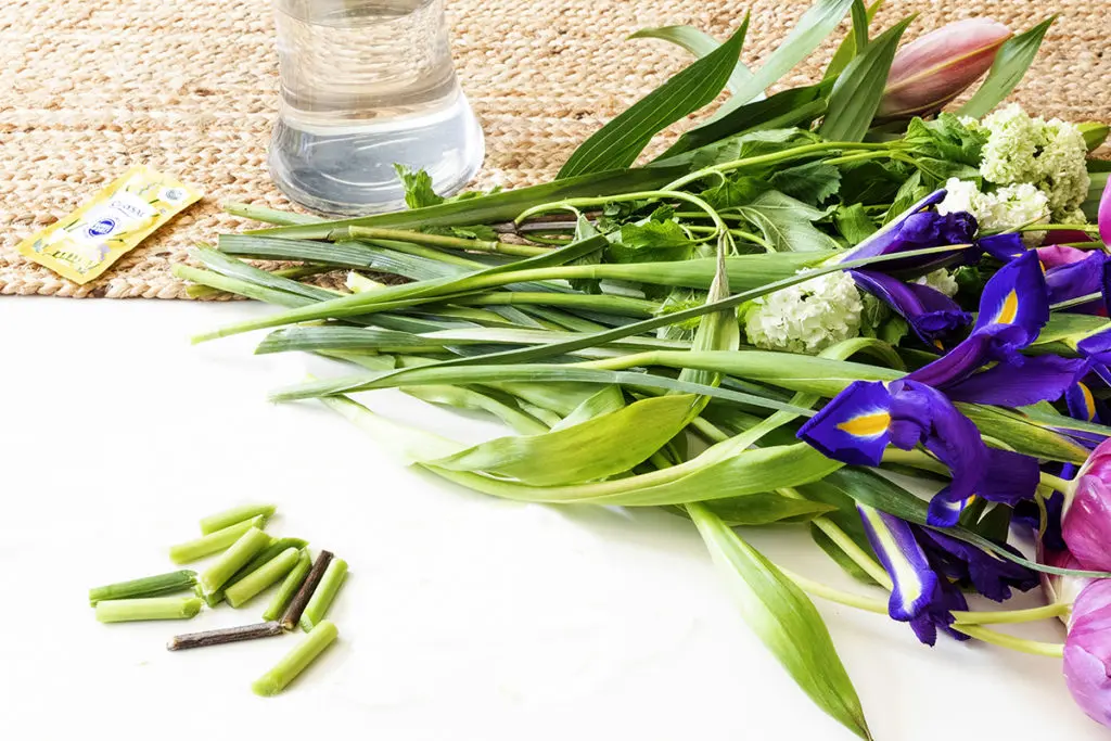 A photo of a flower bouquet being trimmed. 