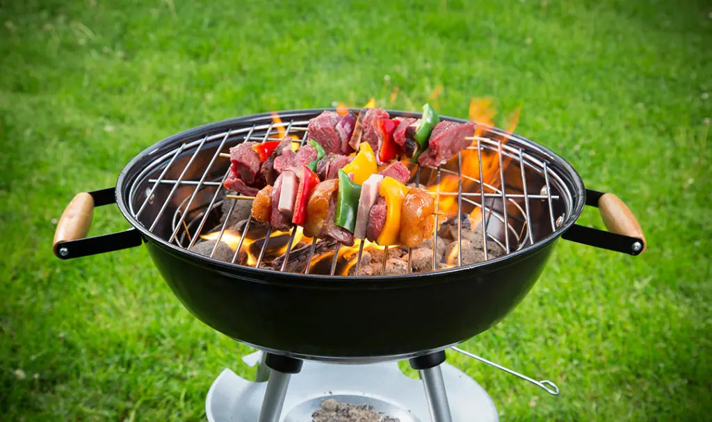 Grill guide with a charcoal grill covered with several kebabs.