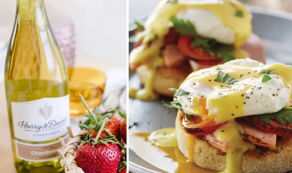 Wine and brunch pairings with a bottle of chardonnay next to a plate of eggs Benedict.