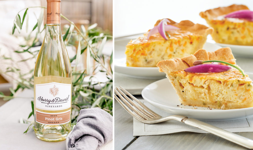 Wine and brunch pairings with a bottle of pinot gris next to several plates of quiche.