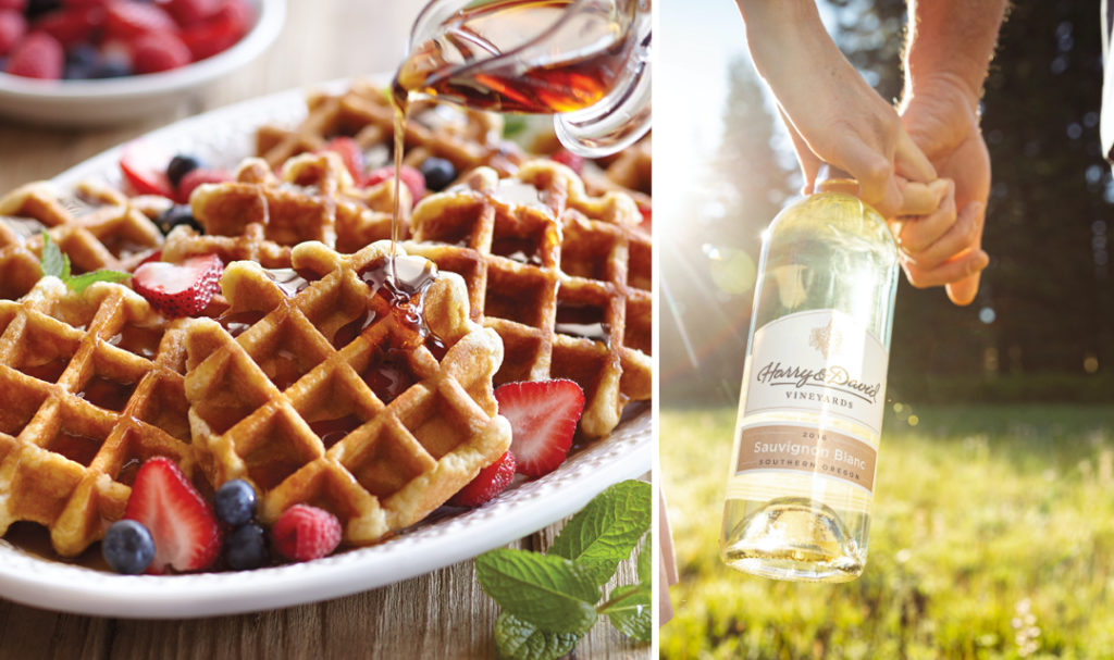 Wine and brunch pairings with a plate of waffles next to a photo of two hands holding a bottle of sauvignon blanc.