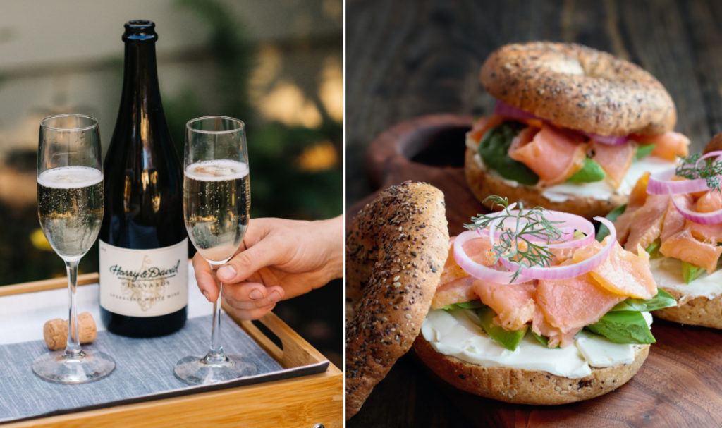 Wine and brunch pairings with a bottle of sparkling wine next to a plate of bagels and lox.