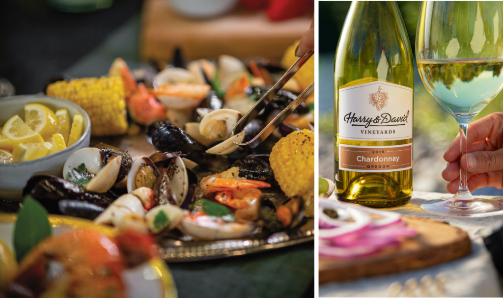 Summer wine pairings with a plate full of mussels and other shellfish next to a photo of a bottle of Chardonnay with someone's fingers wrapped around the glass next to it.