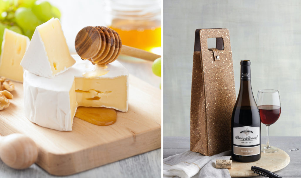 Summer wine pairings with brie, honey and a bottle of red wine next to a glass of wine.