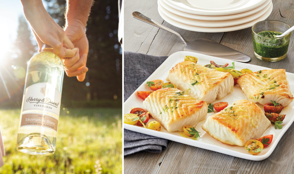 Summer wine pairings with a bottle of sauvignon blanc being held by two hands next to a photo of a plate of fish.