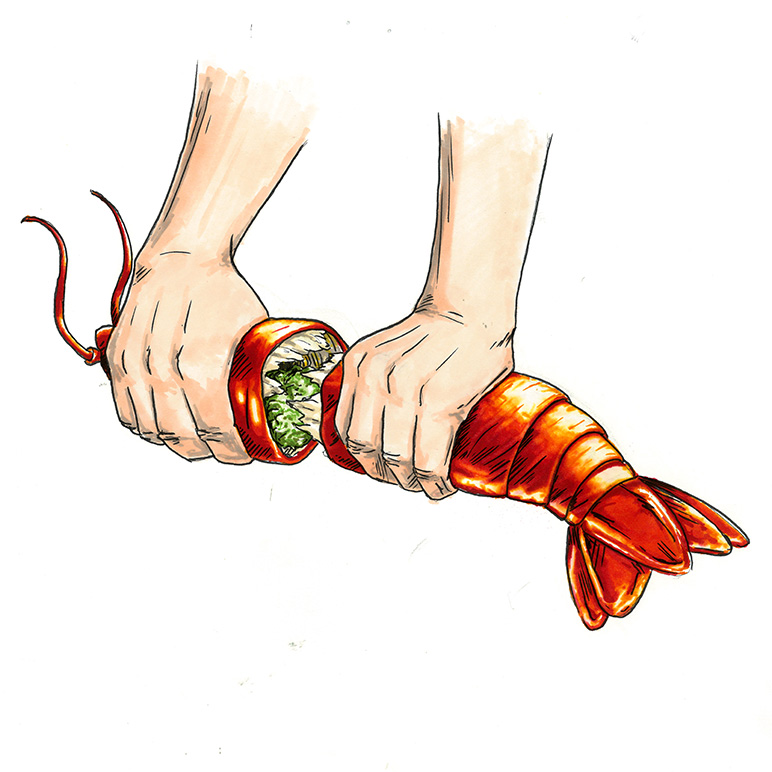 Hands pulling the lobster tail away from its body.