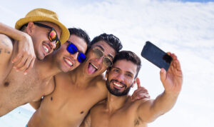 bachelor party image -- four guys taking a selfie