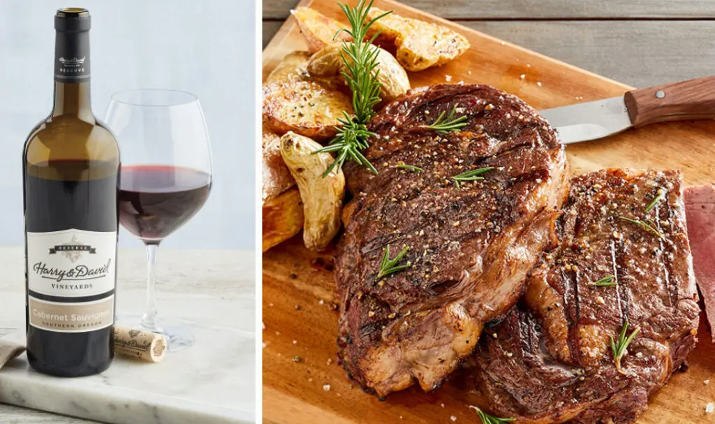 ribeye steak image -- bottle of wine and ribeye