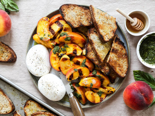 burrata appetizer with grilled peaches