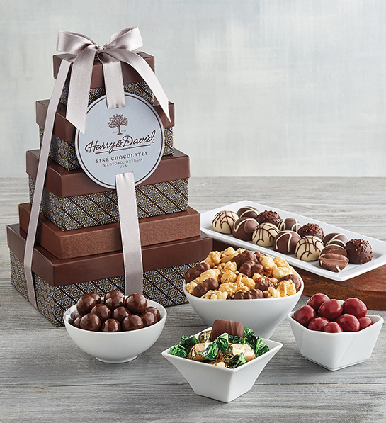 Favorite birthday gifts with a tower of gifts surrounded by a selection of chocolate treats.