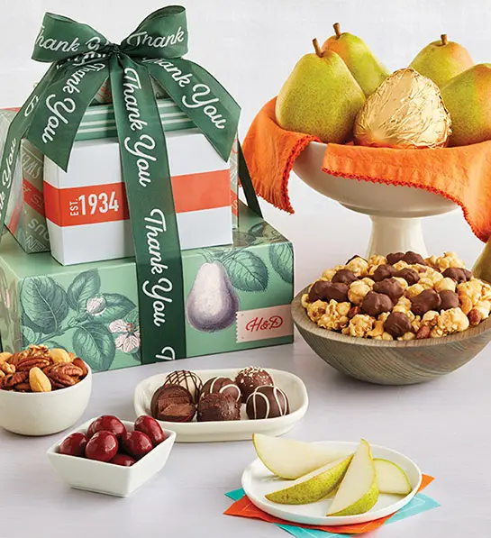 gifts for caregivers image - thank you gift tower with pears, truffles, moose munch, nuts, and confectionary.