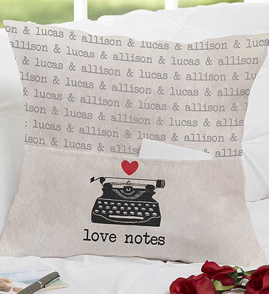 anniversary gift guide image - personalized pillow with a pocket for notes