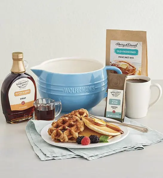 anniversary gift guide image - Wolferman's brand breakfast bowl and waffle mix with maple syrup and coffee