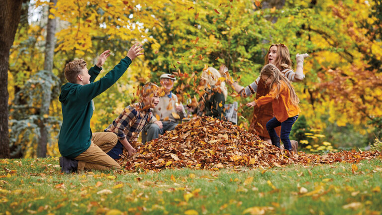 fall leaves image - kids playing in pile of leaves outside