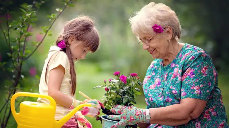 Photo of memory gardens with a grandmother and granddaughter gardening