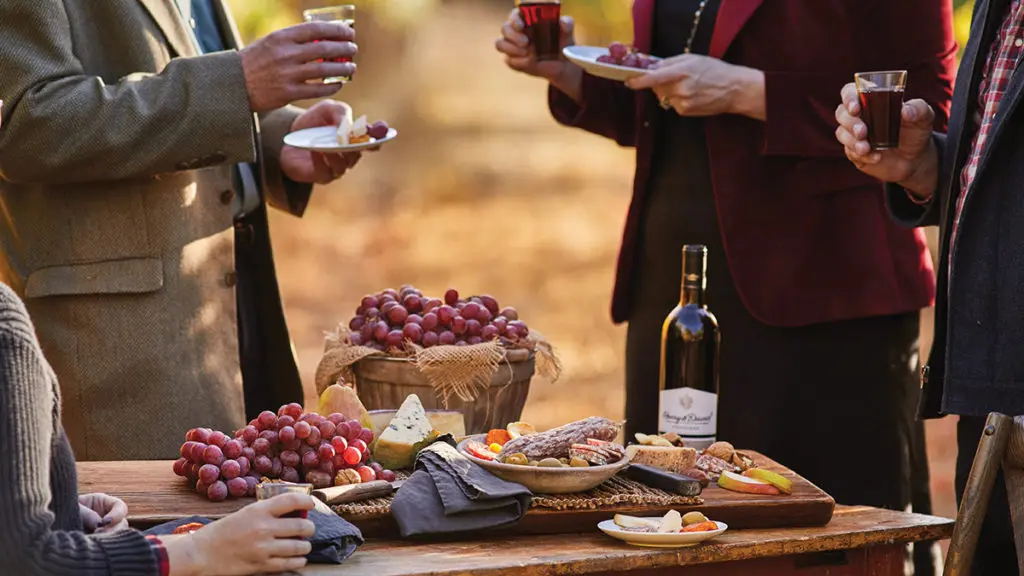grape harvest image - four people gathered around a table drinking wine and eating charcuterie