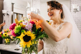A photo of history of marriage with a bride looking at her bouquet
