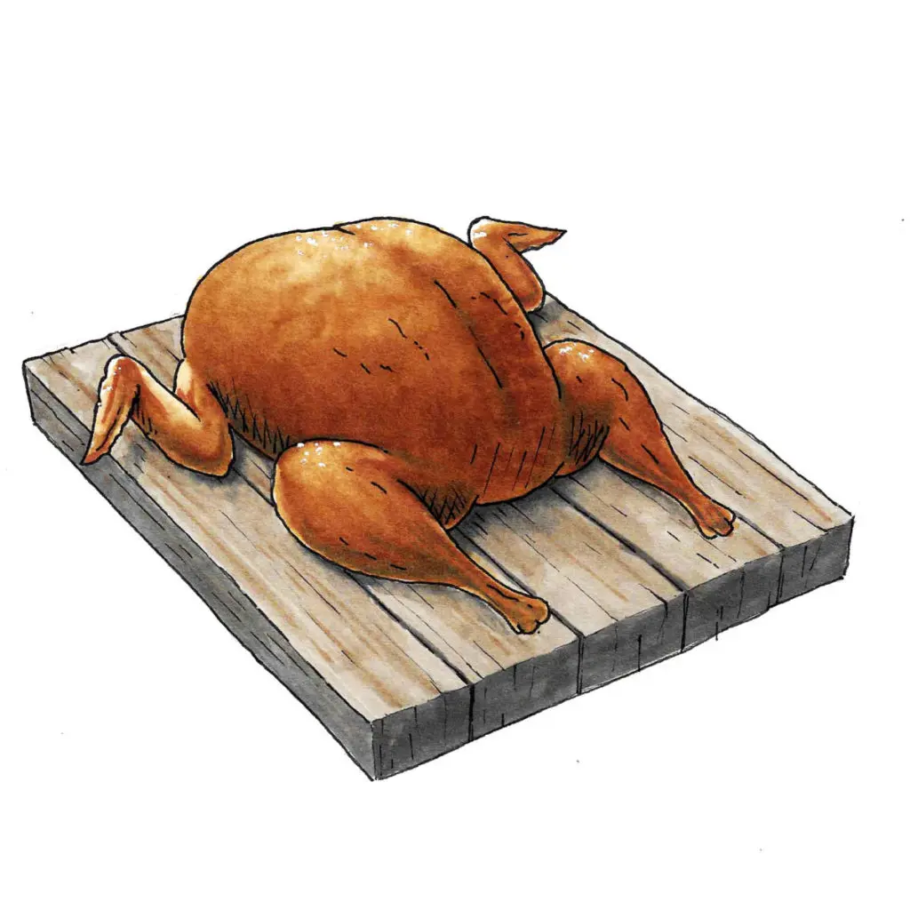 A photo of how to carve a turkey with an illustration of a cooked turkey on a cutting board.