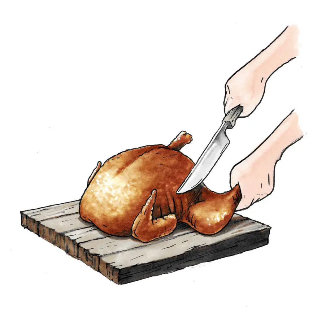 A photo of how to carve a turkey with a hand holding a knife cutting away the legs of the turkey.