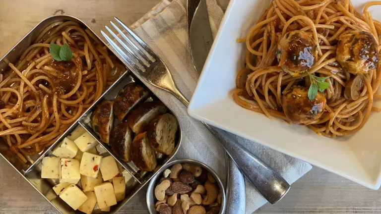 This is an image of lunch box ideas. Turkey meatballs with spaghetti.