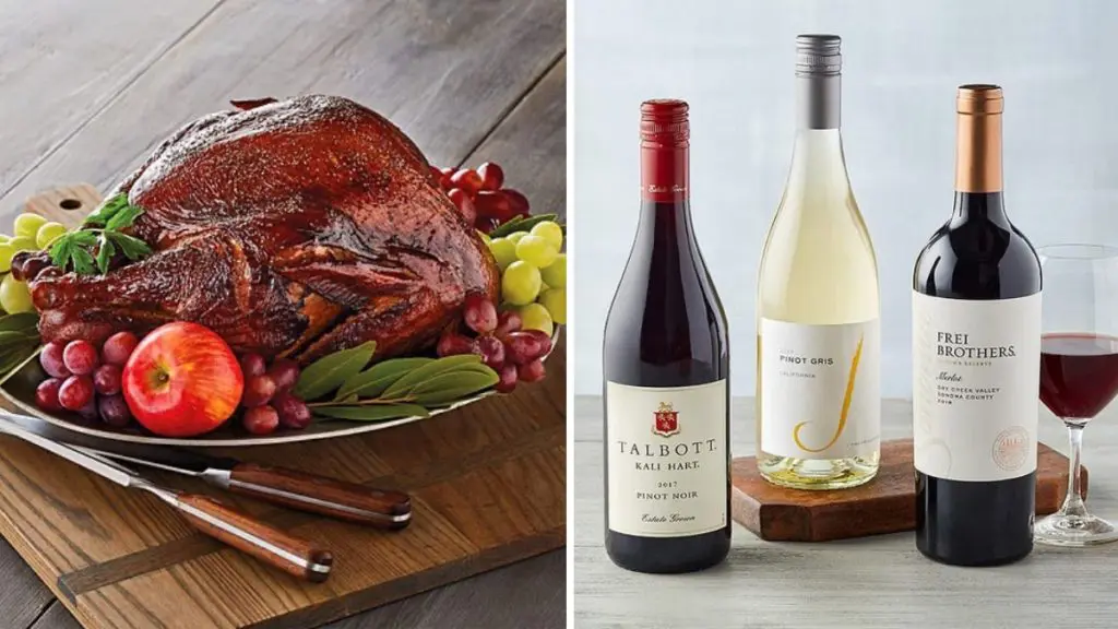 A photo of Thanksgiving dinner with smoked turkey and three wine bottles