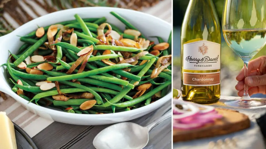 A photo of Thanksgiving wine with a bottle of chardonnay and a bowl of green beans with almonds