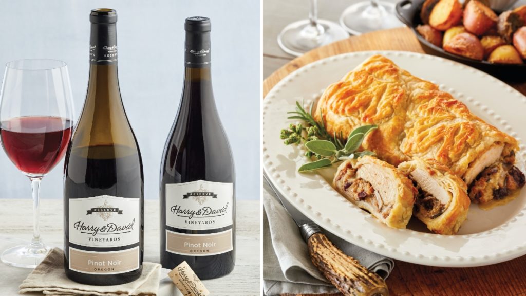 A photo of Thanksgiving wine with pinot noir and turkey and stuffing wellington