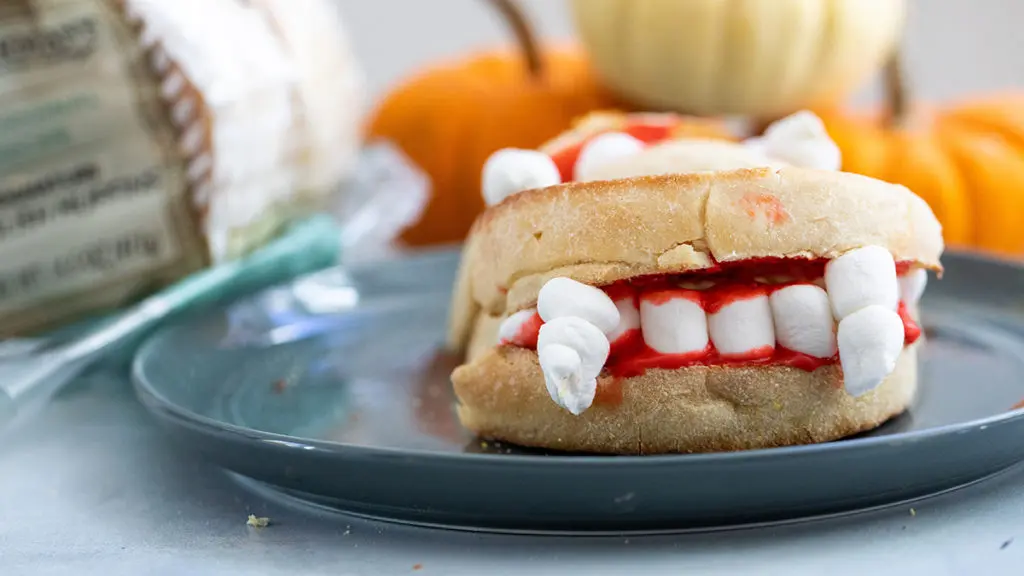 A photo of vampire fangs english muffin recipe