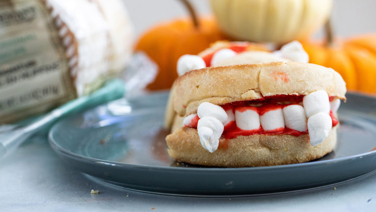 A photo of vampire fangs english muffin recipe