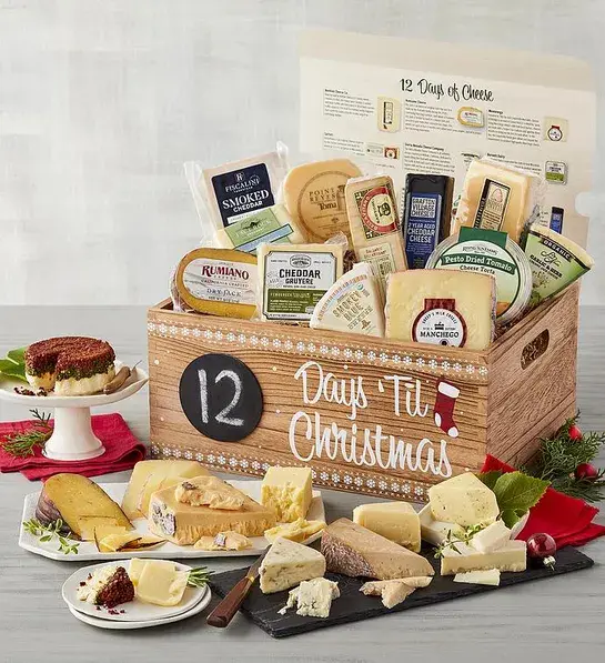 Christmas gift ideas for him with a crate of different types of cheese.