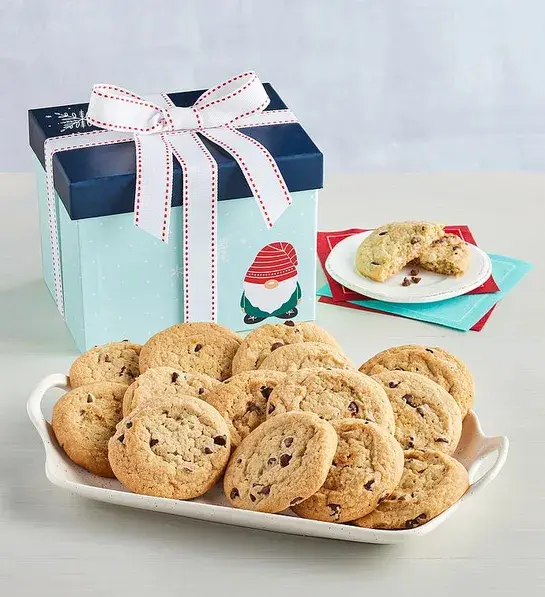 Gifts under $30 with a Christmas decorated box next to a plate of chocolate chip cookies.