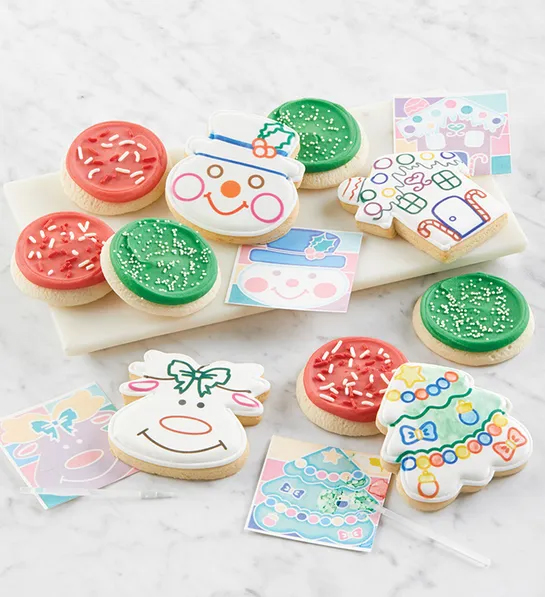 Gifts under $30 with several holiday decorated cookies on a table.
