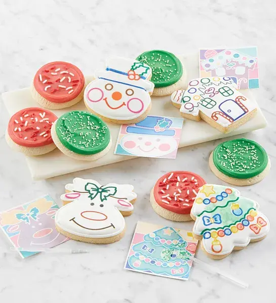 Gifts under $30 with several holiday decorated cookies on a table.