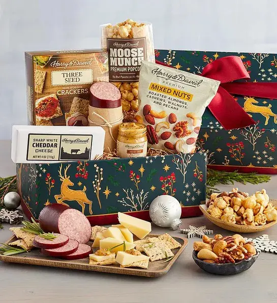 Gifts under $30 with a box full of savory snacks like cheese, meat and crackers.