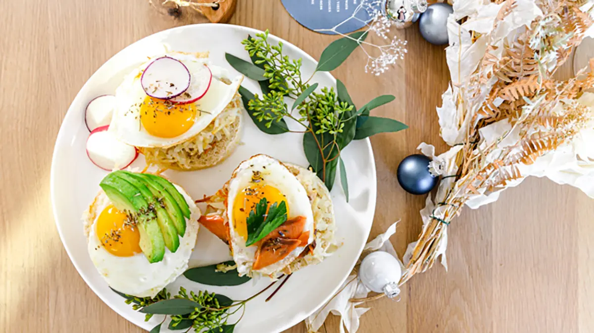 Hanukkah brunch plate with eggs Benedict.