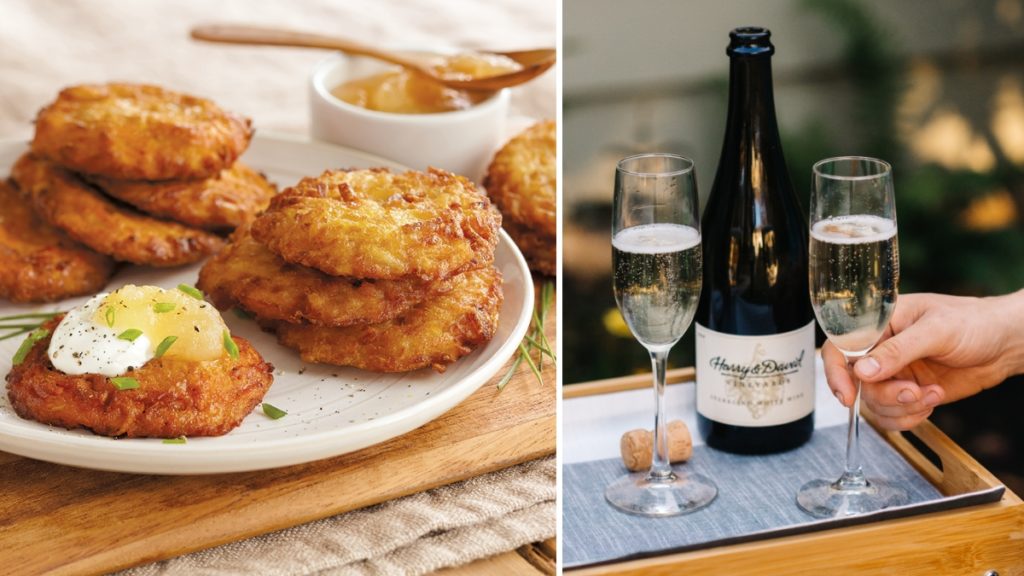 A photo of Hanukkah wine with potato latkes and a bottle of sparkling wine