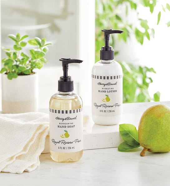 A photo of thanksgiving host gifts with hand lotion and hand soap with a pear