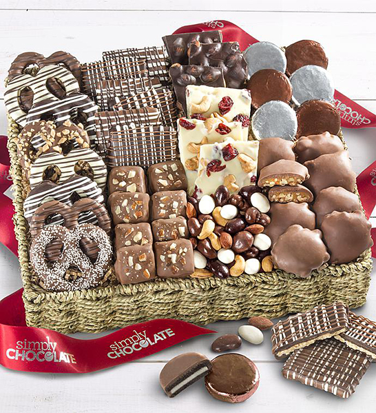 A photo of corporate gifting for the new year with a box full of chocolate treats.
