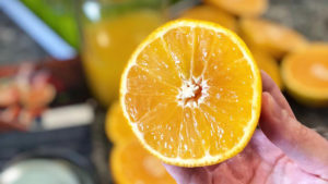 A photo of healthy fruit with a lemon cut in half held up close to the camera