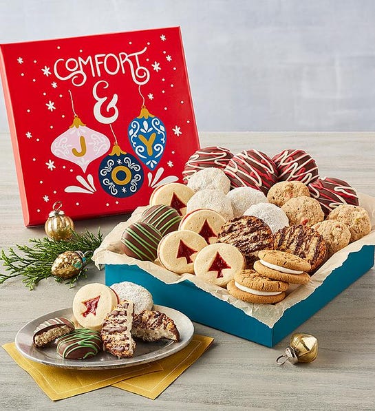 A photo of last minute gifts with a box of cookies.