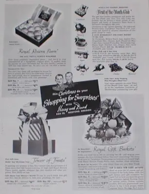 A photo of tower of treats with a brochure from the 1950's with ads for different gifts.