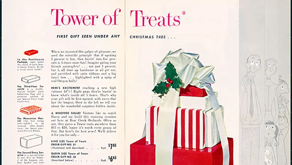 A photo of tower of treats with an ad for a stack of Christmas gifts