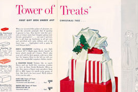 A photo of tower of treats with an ad for a stack of Christmas gifts