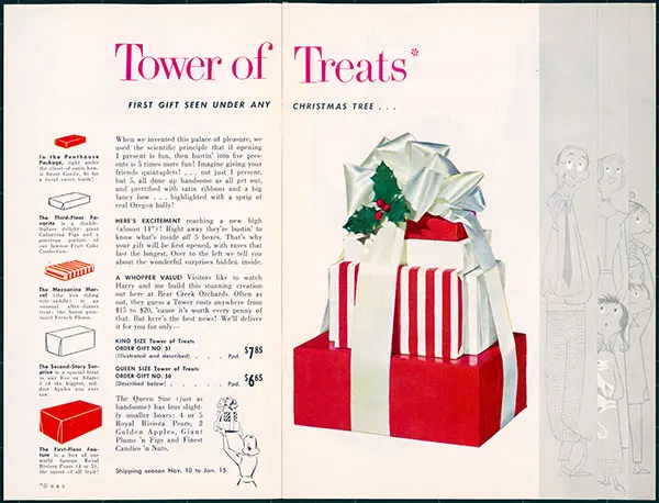 A photo of tower of treats with an old ad about a Christmas stack of presents.
