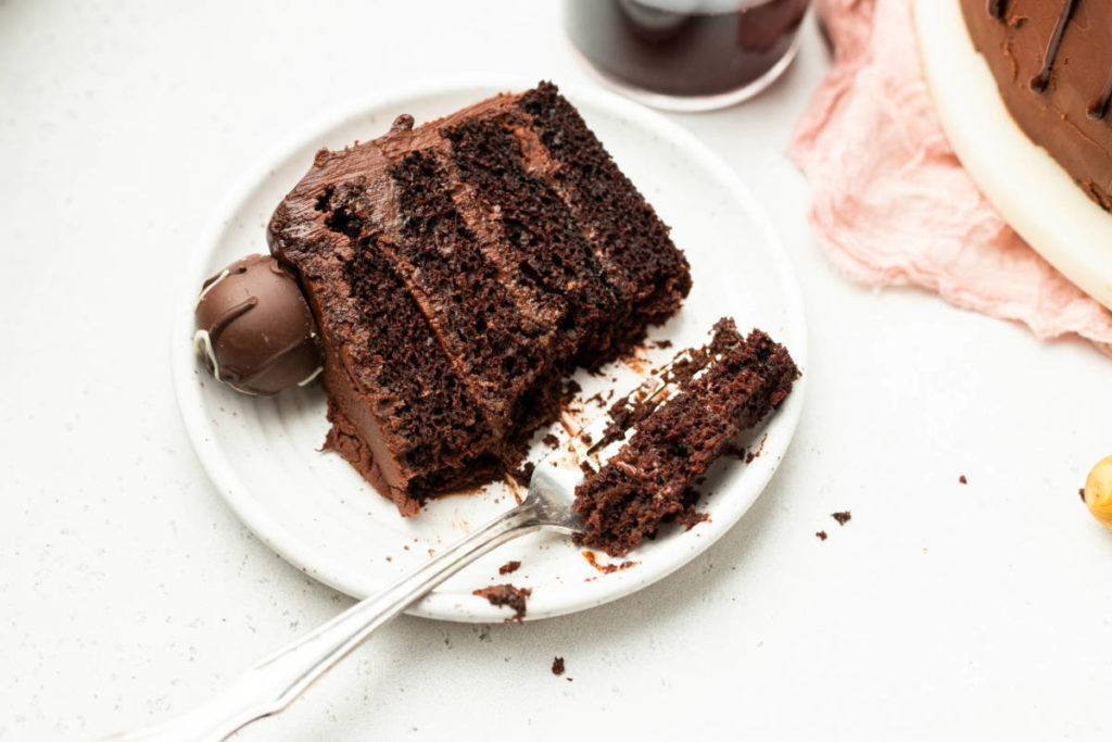 Chocolate cake recipe with a slice of chocolate cake on a plate.