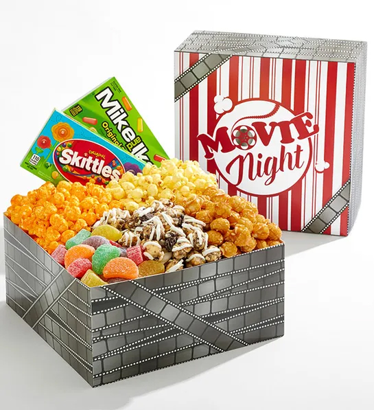 Gifts for couples with a box full of different types of popcorn and candy.