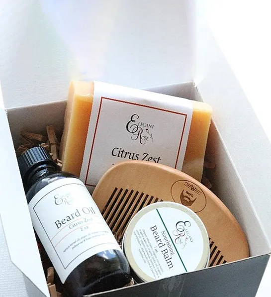 Valentine's Day gifts for him with a box full of beard care tools and oils.