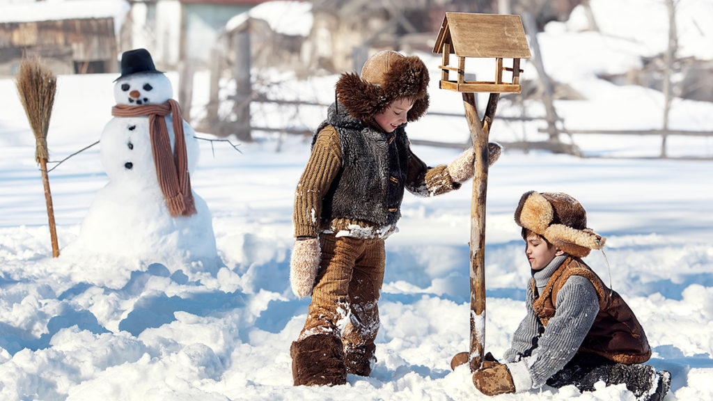 A photo of a winter wonderland with two boys in the snow setting up a birdhouse