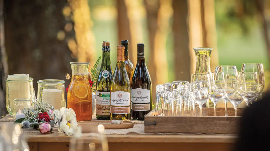 A photo of wine pronunciation with a table full of several bottles of wine a carafe of iced tea and multiple glasses.