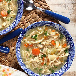 A photo of chicken recipes with a bowl of chicken noodle soup
